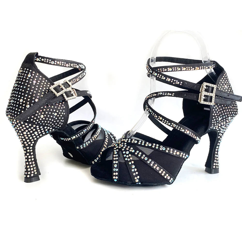 Indoor Dance Shoes Rhinestones Black Satin Latin Shoes Suede Outsole Soft insole Salsa Competitive Dancing Shoes For Latin