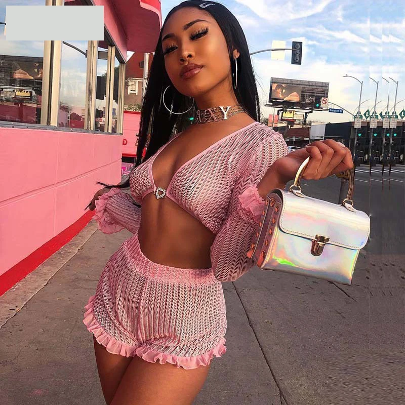 

Модный розовый шифоновый комплект из двух предметов, женский короткий топ с длинным рукавом и оборками, тянущиеся сексуальные шорты, Женски...