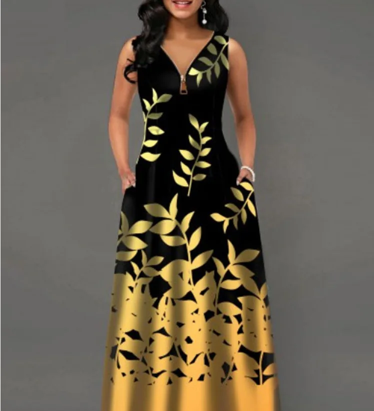 

Sexy V-neck Sleeveless Women's Sundress 2022 Summer Fashion Long Dress with zipper VestidosVintage Print Casual Lady Maxi Dress