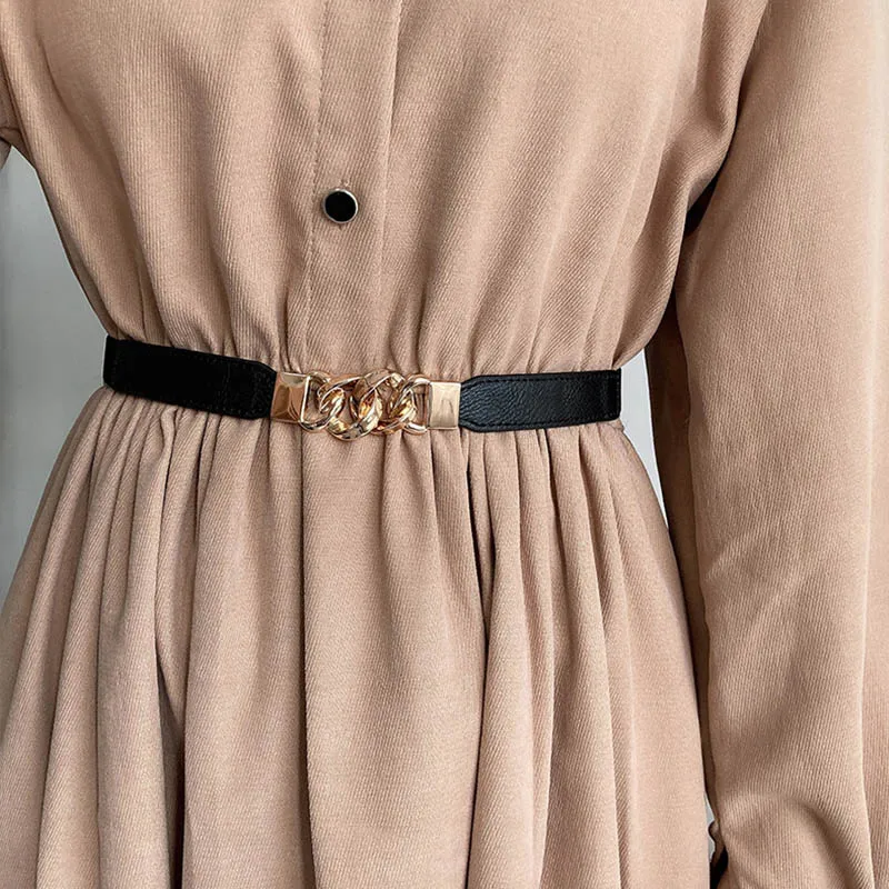 

Punk Fashion Women Thin Elastic Belt Designer Luxury Brand Chain Buckle Waist Strap Dress Coat Sweater Lady Decorative Waistband