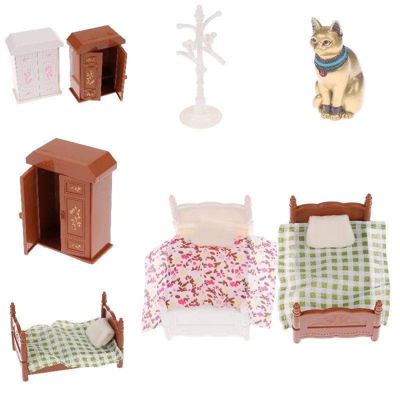 

Hot！1:12 Dollhouse Miniature Bedroom White Clothes Shelf Coat Hanger Wardrobe Cabinet Single Bed Model Furniture Home Decor Toys