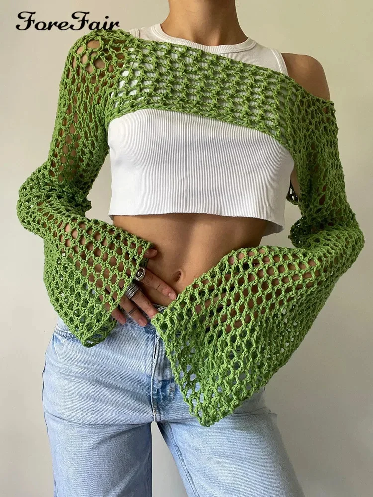 

Forefair 2023 Summer Green Long Sleeve Smock Knitted Crop Top Women Y2k Beach Sexy Backless Hollow Out T Shirts Party Casual