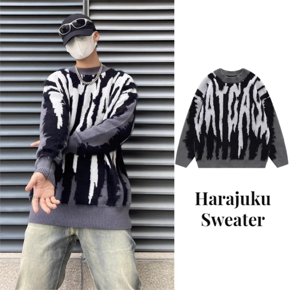 

Harajuku Vintage Green Orange Knitted Sweater Unisex Street Oversized Jumper Pullover Sweater Casual Trend Sweater Knitwears