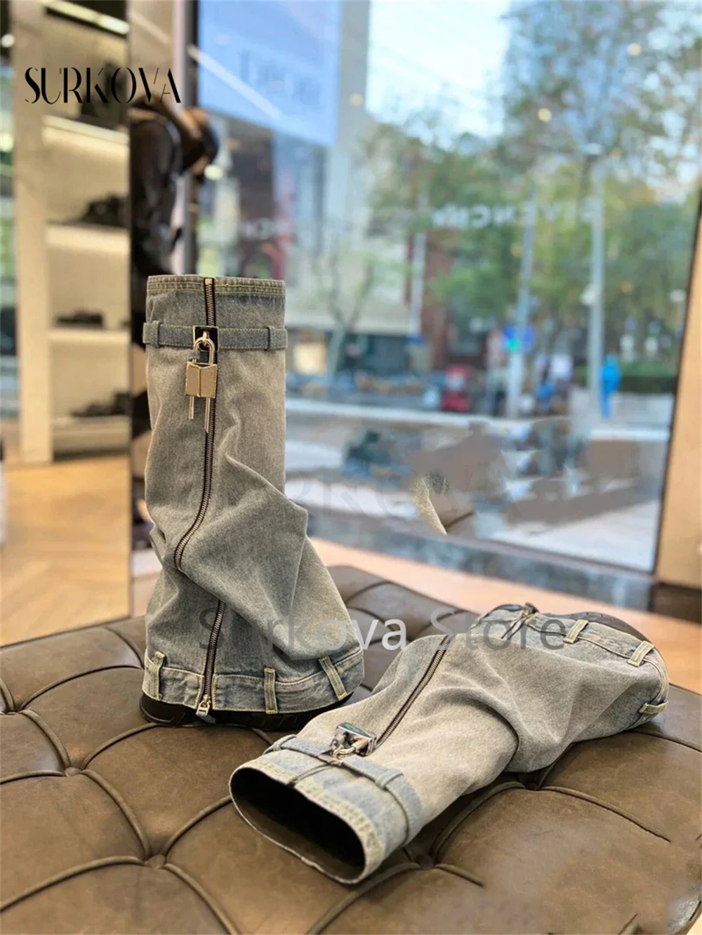 Denim Shark Boots Metal Lock Fashion Motorcycle Boots Ins Trend New Style Knee-High Boots Thick Flat Heel Sexy Women's Shoes