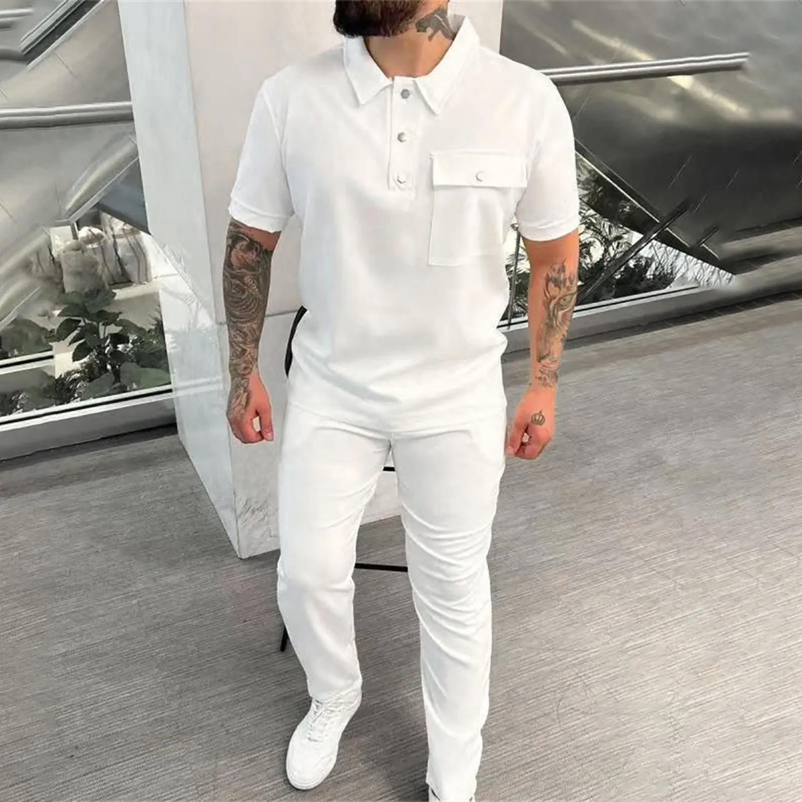

Men’s Autumn 2 Piece Solid Turndown Neck Long Sleeve Shirts & Long Pants Sets Mens Regular Fit Suit