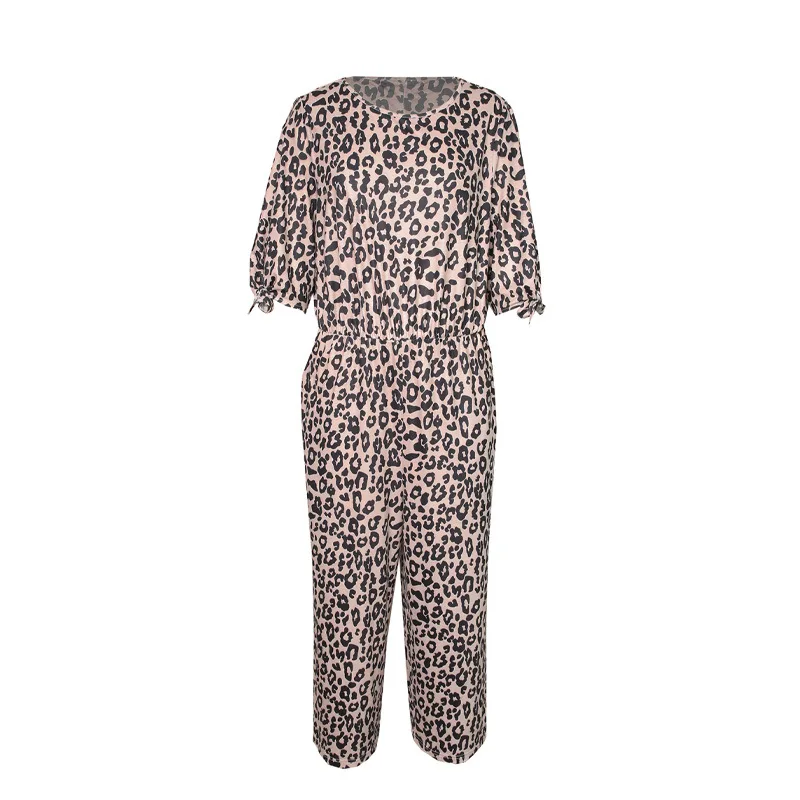 Best-Selling Leopard Print Tie-Dye One-Piece Trousers Summer New Large Size Half Sleeve round Neck Trousers Suit for Women