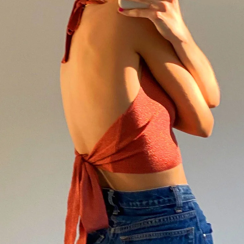 

Y2K Party Women Knitted Sexy Halter 2021 Summer Sexy Crop Tops Sleevless Basic Tees Casual Club Lace Up Ribbed Tank Tops Gothic