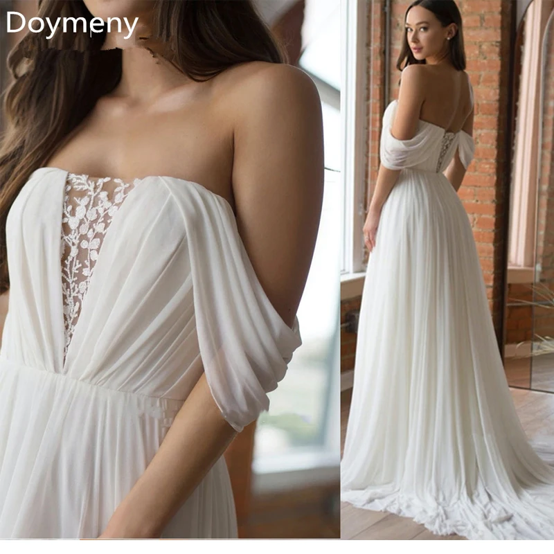 

Doymeny Wedding Dress For Women Boat Neck Lace Up Off The Shoulder Sleeveless Chiffon BOHO Style Backless A-Line Robe De Mariée