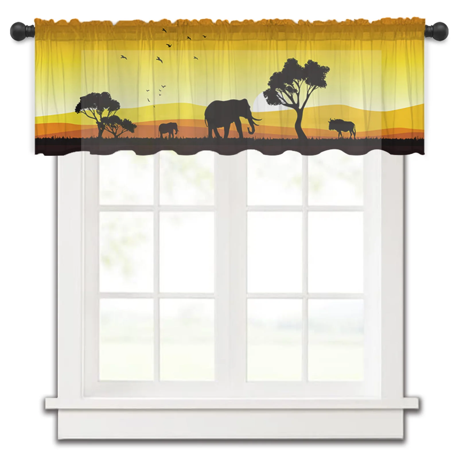 

Africa Elephant Sunset Kitchen Small Window Curtain Tulle Sheer Short Curtain Bedroom Living Room Home Decor Voile Drapes
