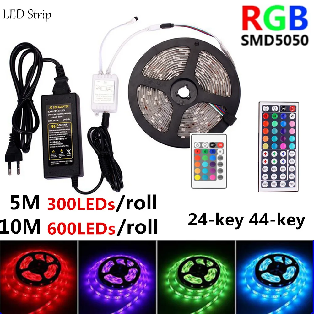 

12V Led Light Strip 5M 300LEDs/roll SMD 5050 RGB Lights Waterproof Flexible Neon Lamp Colorful Discoloration IR24/44-key Control