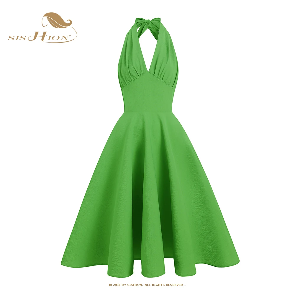 

Женское платье в стиле Хепберн SISHION, зеленое, фиолетово-красное платье с глубоким V-образным вырезом, сексуальная юбка средней длины в стиле ...