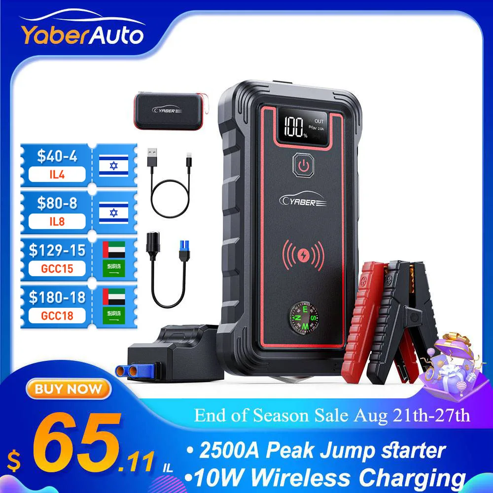 Зарядное устройство YABER для автомобильного аккумулятора 23800 А, пусковое устройство мАч, внешний аккумулятор с беспроводным зарядным устройством 10 Вт, портативный автомобильный бустер, пусковое устройство