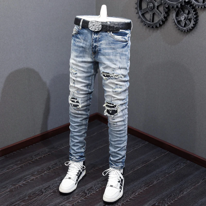 High Street Fashion Men Jeans Retro Light Blue Elastic Stretch Skinny Ripped Jeans Men Patch Designer Hip Hop Brand Pants Hombre