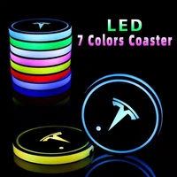 2piecesset luminous car water cup coaster holder 7 colorful usb charging car led atmosphere light for tesla logo accessories