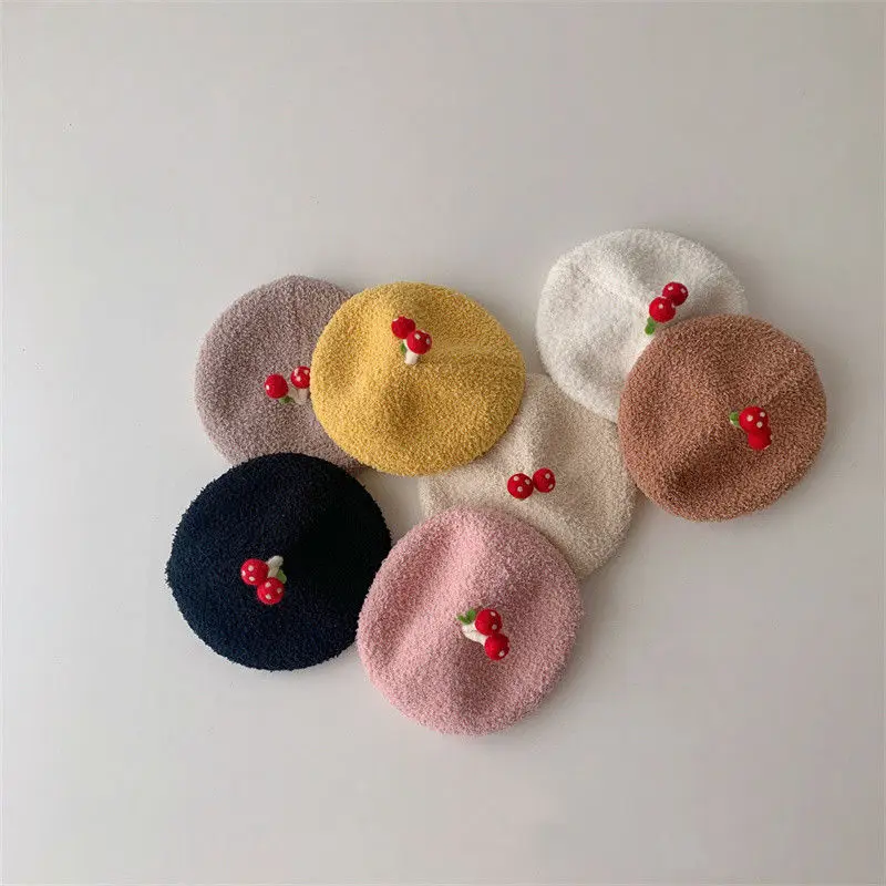 

2022 Cute Baby Hat Little Fresh Cherry Children's Beret For Baby Girls Autumn Winter Warm Pumpkin Painter Hat Baby Accessories
