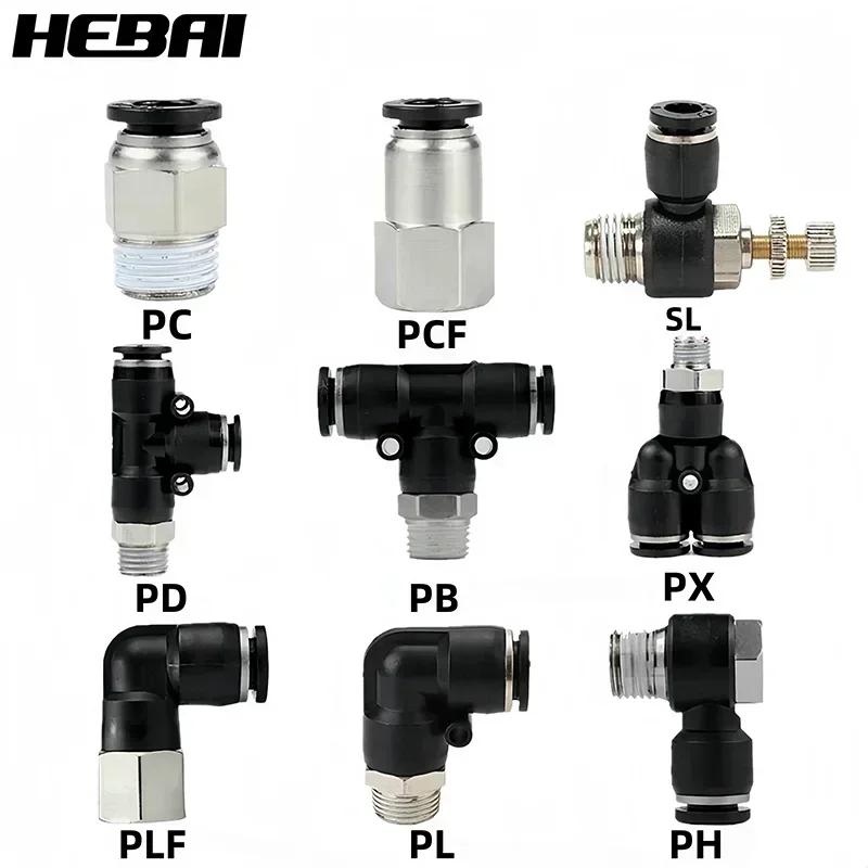 HEBAI Pneumatic Fittings PC/PCF/PB/PKB/PH/PL/PLF/PX/SL 4mm 6mm 8mm 10mm Thread M5 1/8 1/4 3/8 1/2 Black Plastic Hose