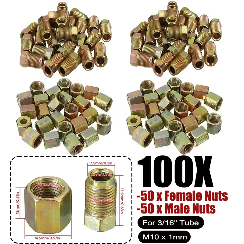 

100X фитинг тормозной трубы с наружной и внутренней резьбой M10 x 1 мм, метрические гайки, винт для тормозной трубки 3/16 дюйма, концевые соединительные болты шланга, разъем тормозной линии