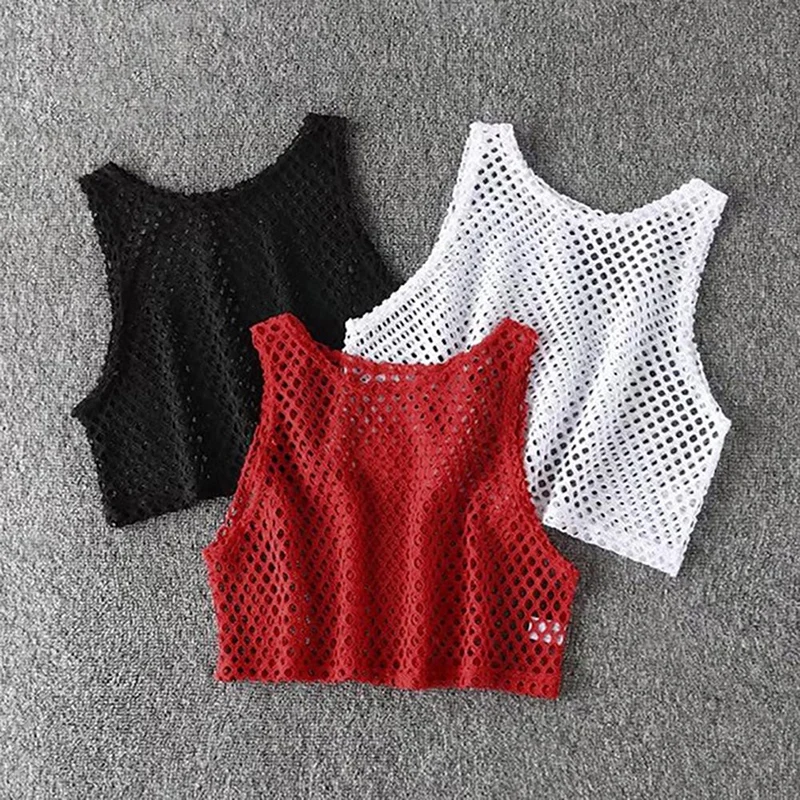 Sexy Black/Red Hollow Out Crop Top 2023 Mesh T-shirt Female Loose Fashion Summer Basic Tops For Women Fishnet Shirt