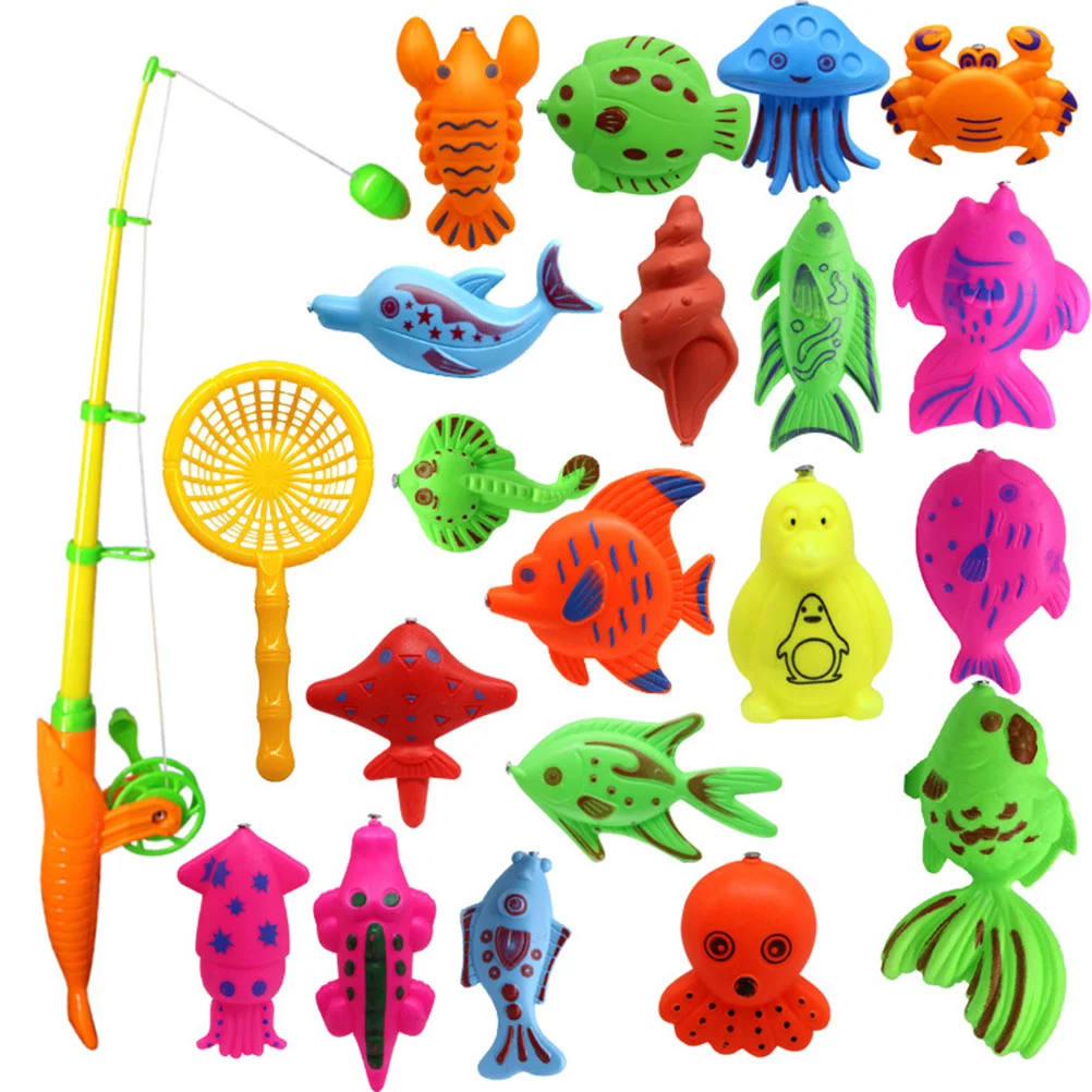 

22pcs Magnetic Rod Net Fishing Toys Suit Fishing Game Set for Children Boy Girl (20pcs Fish + 1pc Rod + 1pc Net, Random Pattern