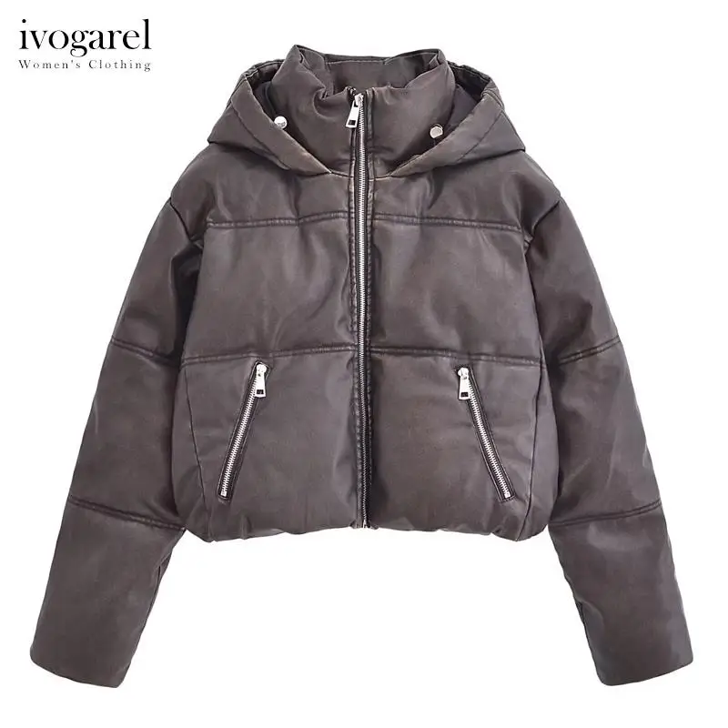 

Ivogarel TRAF Leather Effect Short Puffer Anorak Women Hooded Jacket with Adjustable Elastic Winter Warm Long Sleeve Jacket Coat