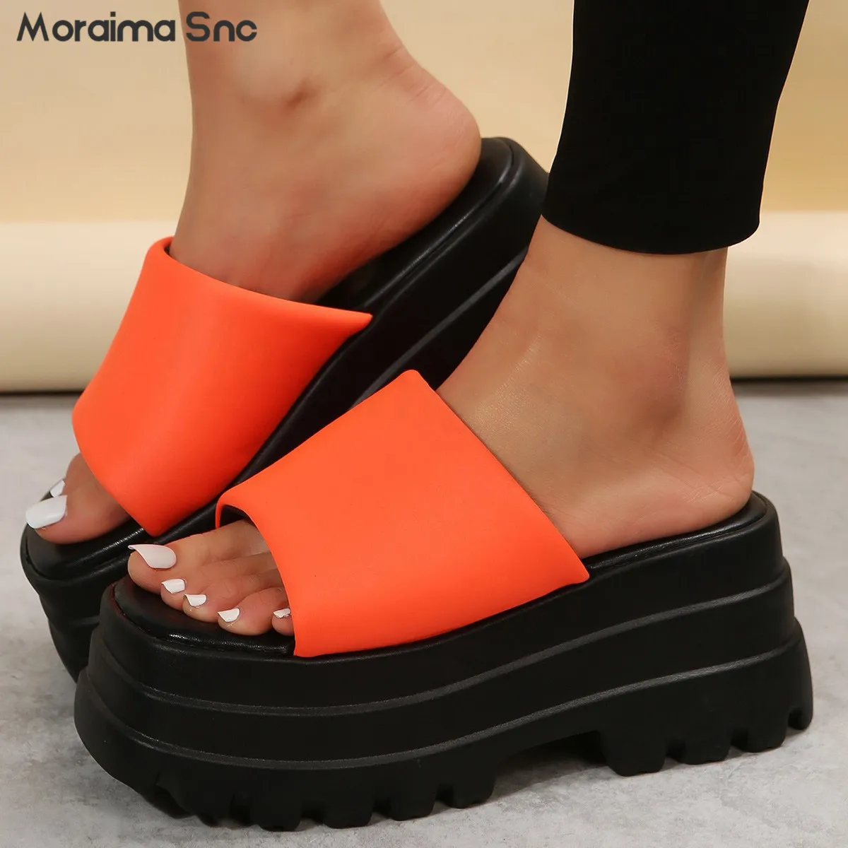 Silver Shiny Sequin Platform Slippers Summer New Fashion Heightened Thick-Soled Large Size High-Heeled Word Fashion Slippers