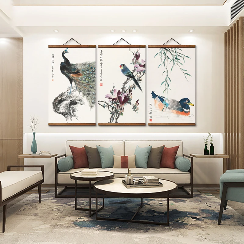 

MT0317 Chinese Style flowers birds Peacock Decorative Wall Art Posters Solid Wood Scroll Paintings