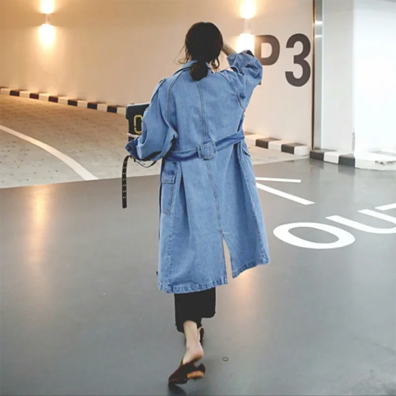 Корейский пояс свободный джинсовый плащ женское длинное однобортное пальто