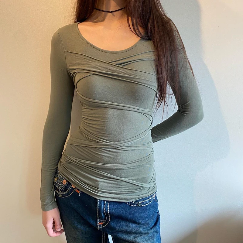 

Chic Women Vintage Bandage T Shirt Y2K Aesthetics Full Sleeve Slim Fit Basic Tees Female Casual Fashion Autumn Green Crop Tops