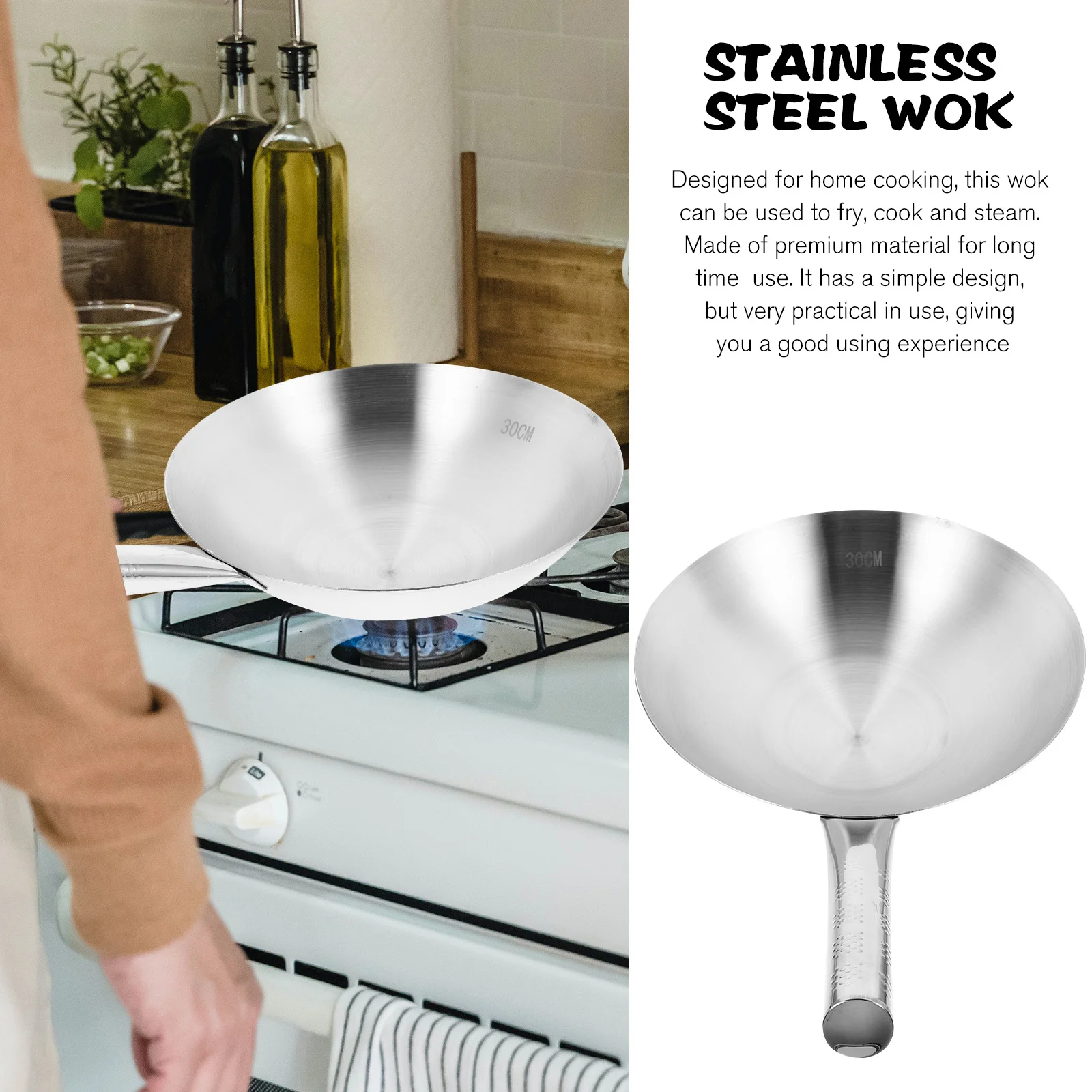 Коммерческая сковорода вок из нержавеющей стали с антипригарным покрытием