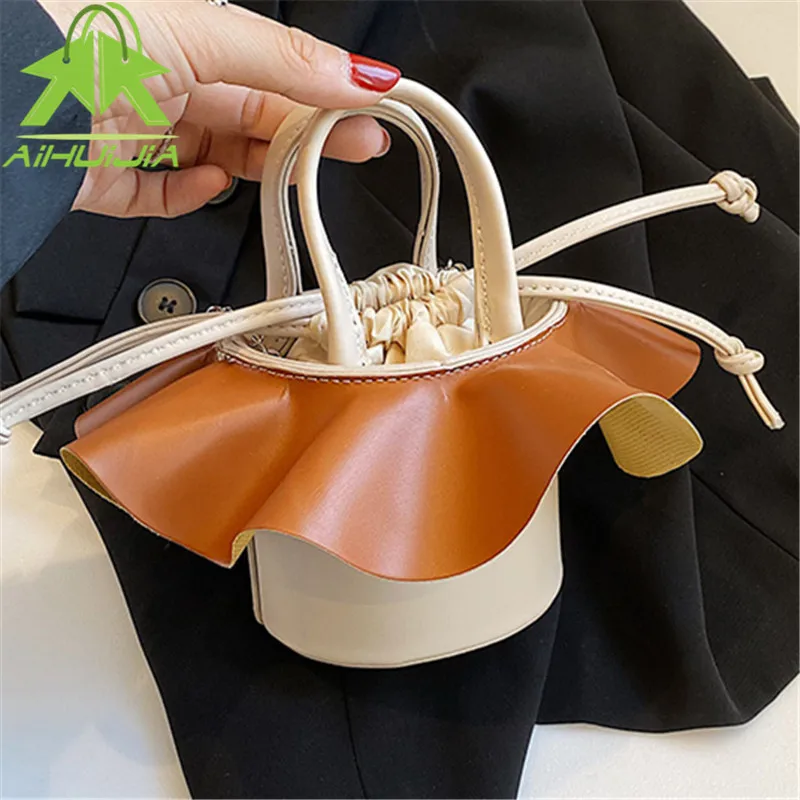 

Fashion Ruffles Round Bucket Bag for Women New High Quality Pu Leather Shoulder Crossbody Bag Designer Chain Women's Handbags