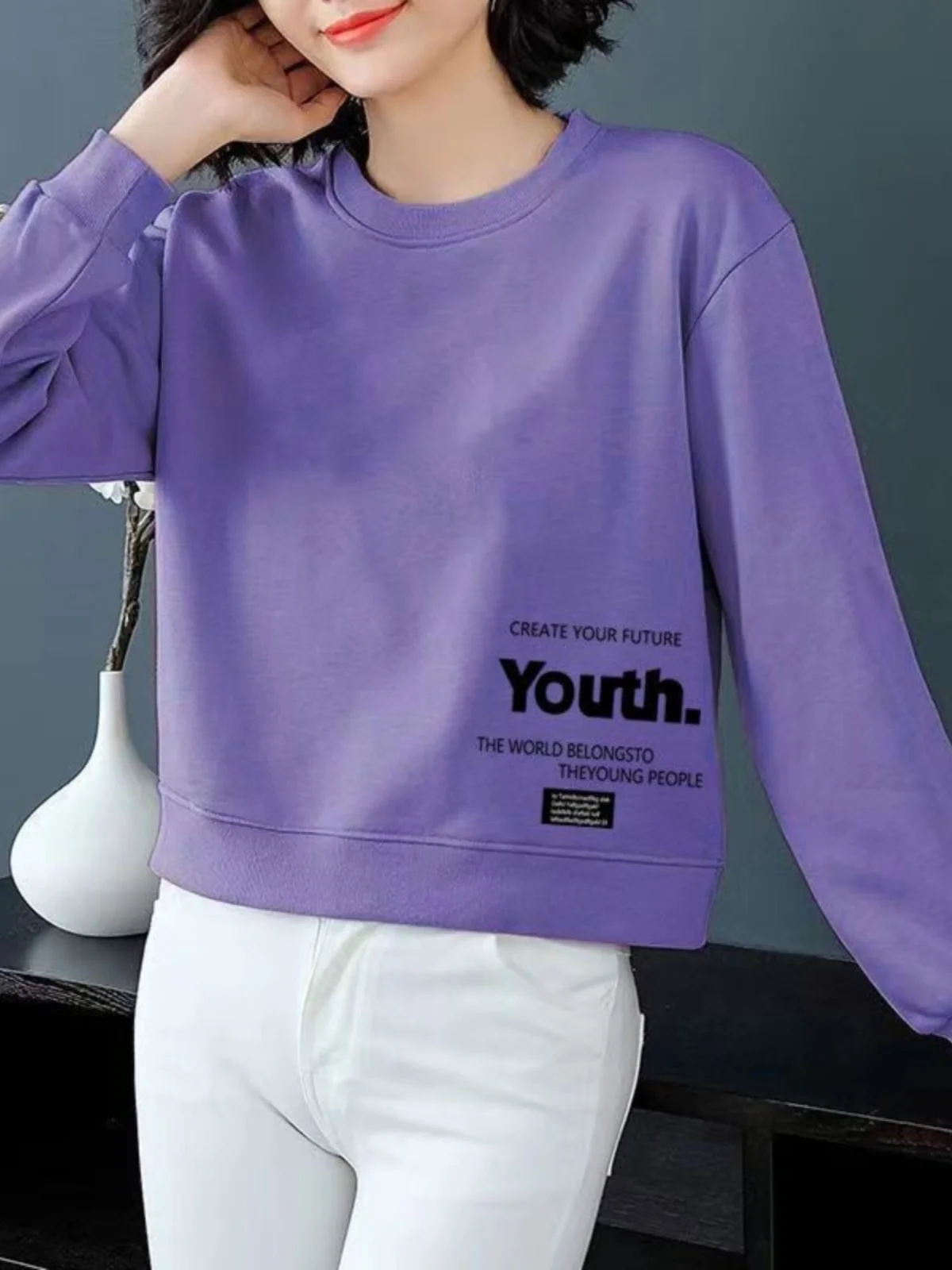 2023 хлопковая короткая весенняя маленькая толстовка с круглым вырезом женская