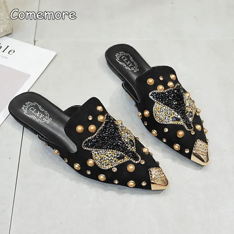 

Comemore Spring Women Slippers Fashion Pointed Rhinestone Slipper Flat 2023 Woman Shoes Slip-On Mules Sandals Slides Ladies Shoe