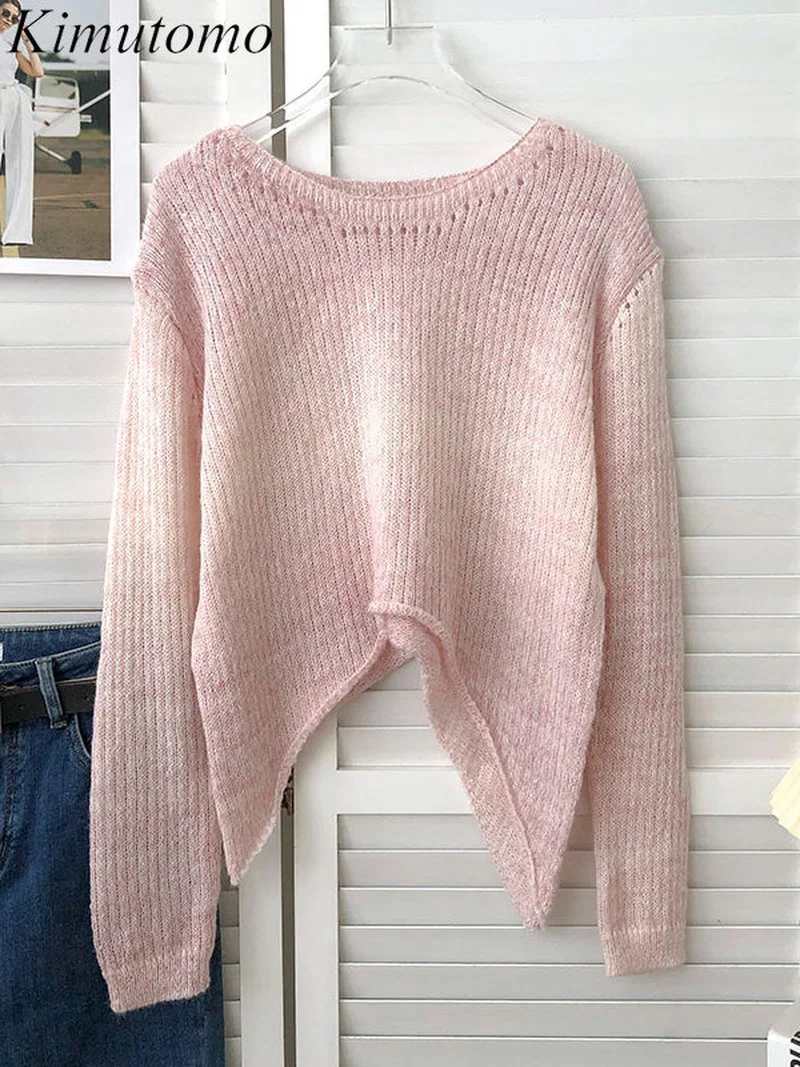 

Мягкий Свободный Асимметричный градиентный свитер Kimutomo, женский элегантный универсальный вязаный пуловер с круглым вырезом и длинными рук...