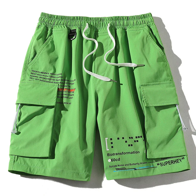 2022 Men Cargo Shorts Streetwear Summer Harajuku Shorts Mens Ribbons Pockets Bermuda Knee Length Patchwork Men's Shorts