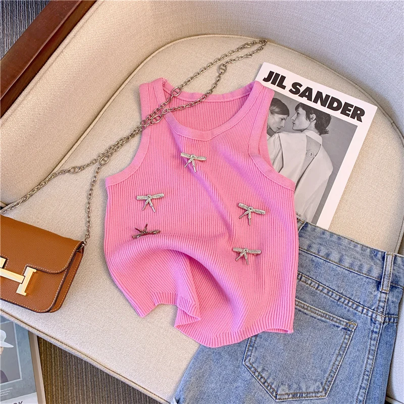 

Streetwear Slim Knit Sweater Vests Women 2023 Summer Sleeveless Round Neck Pullover Crop Tops Fashion Chic Sexy Knitwear