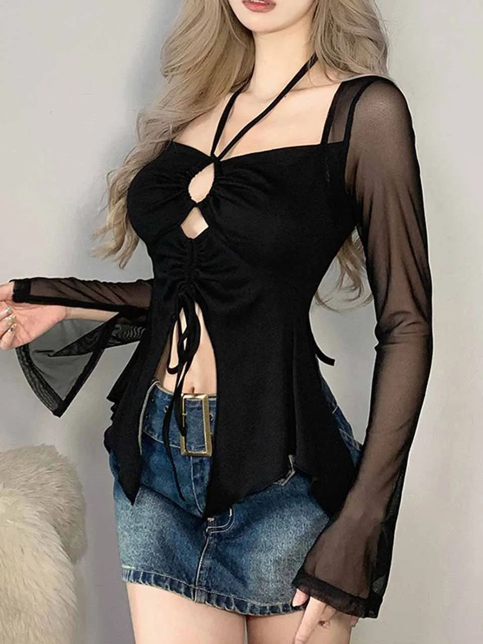 

Женская футболка с длинным рукавом Y2K, черная облегающая футболка с вырезами и воротником Хомутом, сексуальные рубашки в Корейском стиле на ...