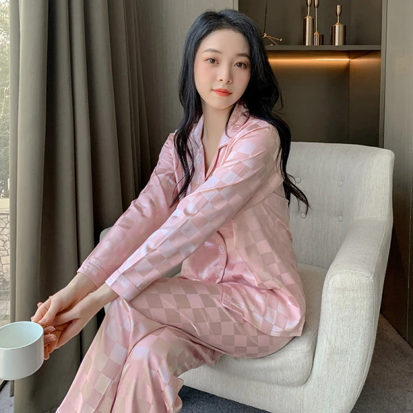 Spring and autumn new plaid jacquard ice silk pajamas women's trousers long-sleeved two-piece home service