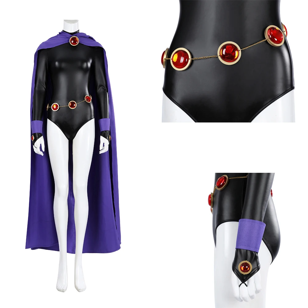 Zentai Teen Titans супергерой ворон косплей костюм женский черный боди фиолетовый плащ с