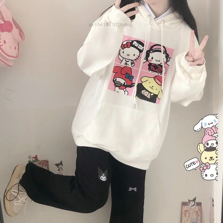 Spring Autumn College Style Korean Lovely Cartoon Hello Kitty Print Loose Hoodie Fashion Women Top Y2k Girl Couples Casual Shirt