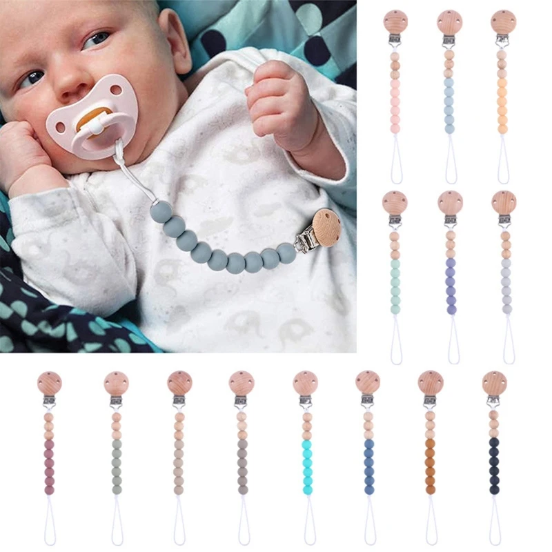 

Baby Pacifier Chain Clip Nursing Teether Soother Holder Silicone Beads Chain Wooden Clip DIY Dummy Nipple Holder Leash Strap.