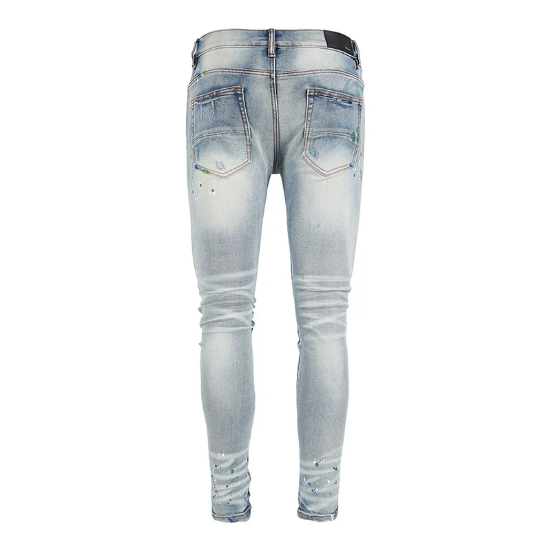 High Street New Design Men's Jeans Fashion Blue Pleated patch Ripped Jeans Casual Fashion Slim Small Feet Patchwork Denim Pants