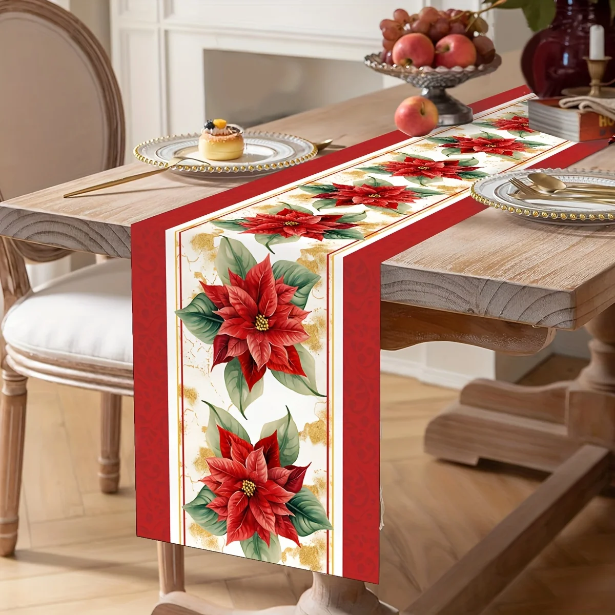 Рождественские цветы пуансеттии льняная дорожка для стола комод шарф