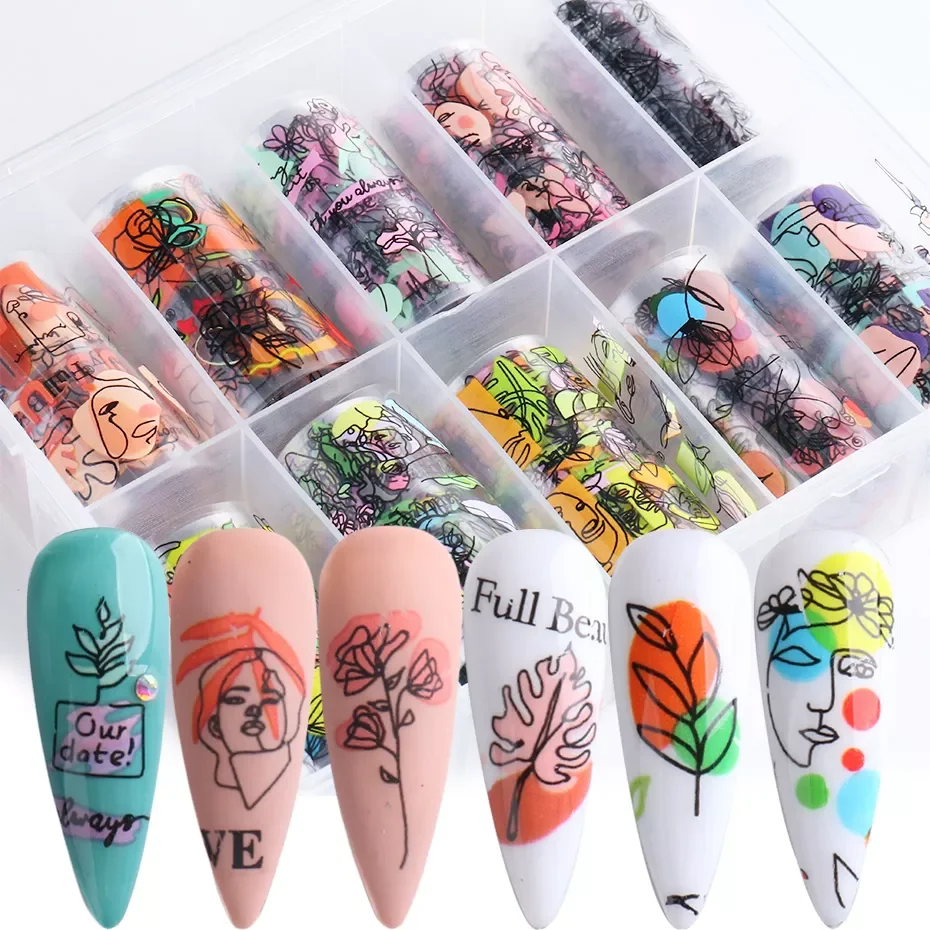 

10 Rolls/Box Nail Foils Transfer Stickers Abstract Girl Face Line Flowers Leaves Nail Art Decals Paper Wraps Manicure TRFB2021-1