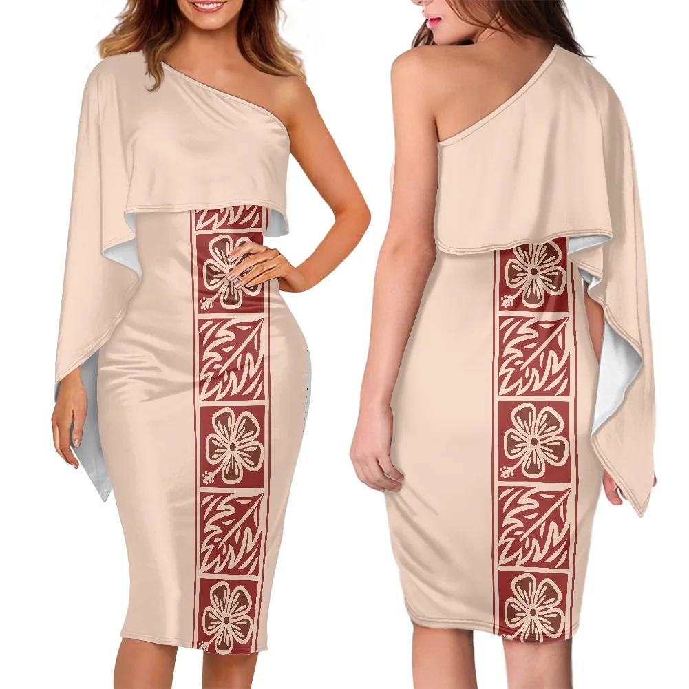 

Women One Shoulder Long Sleeve Bodycon Dress Polynesian Tribal Tongan Red Flower and Green White Tiare Flower Print Party Dress