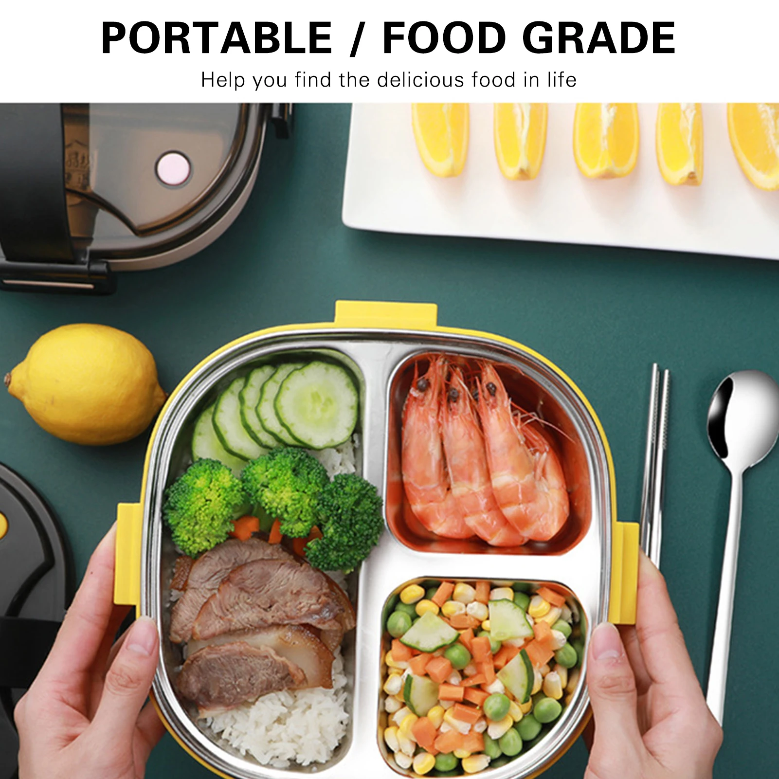 

304 Stainless Steel Lunch Box Portable 3 Compartment Bento Box Heat Resistant Handheld Without Cutlery Rustproof SUB Sale