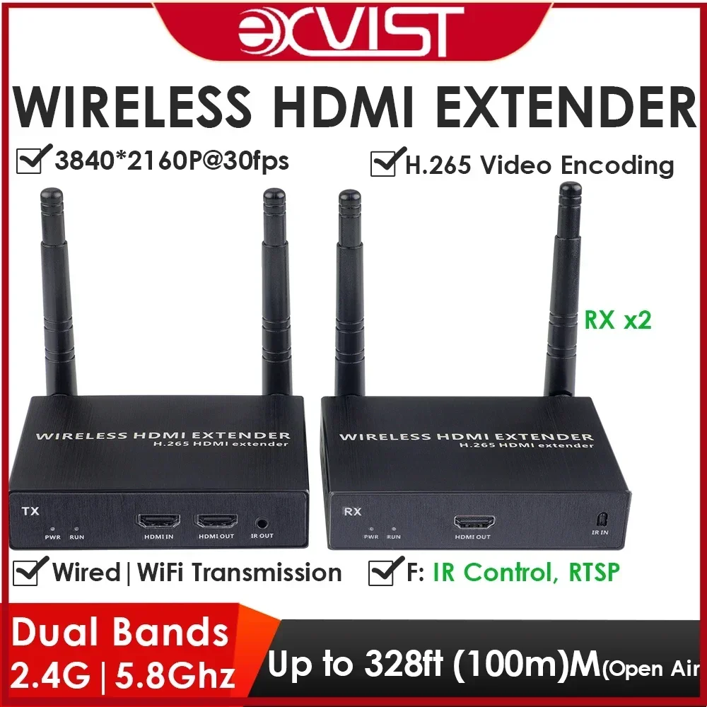 Комплект беспроводного расширителя HDMI EXVIST 4K@30FPS 1TX + 2RX | Диапазон 100 м/328 футов