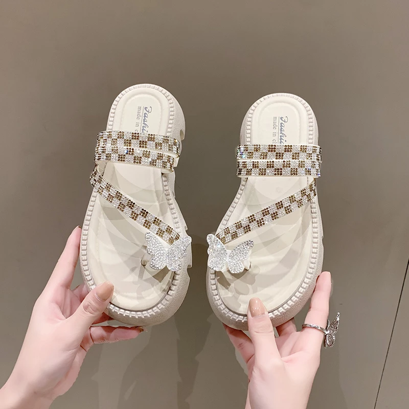 

Bow Rhinestone Fashion Outside Wear Sponge Cake Thick Bottoming Everything Lightweight Comfortable Non-slip Women's Flip-flops