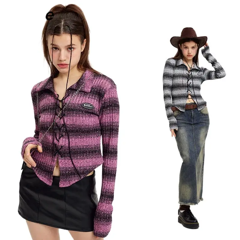 

2023 Design Sense Niche Short Striped Cross Tied Long Sleeves Top Slim Slimming Shirt For Women Spring Top Quality Clothing