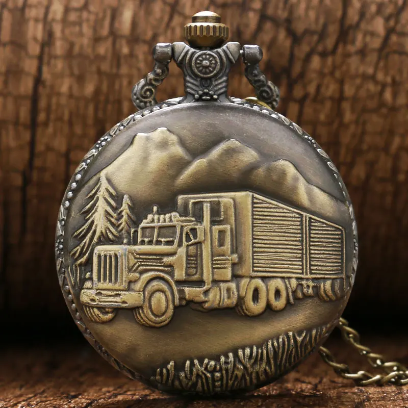 

Vintage Bronze Train Front Locomotive Quartz Watch 3D Car Truck Pattern Pocket Watch Men Women Necklace Pendant Gifts FOB Chain