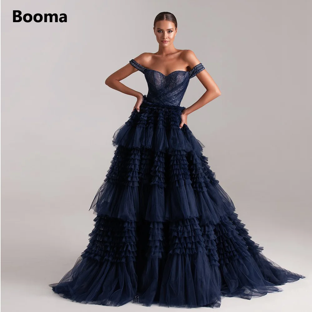 

Booma Dark Navy Blue Tiered Tulle Long Prom Dresses Off the Shoulder Ruffles Frill-Layered A-Line Maxi Evening Party Gowns